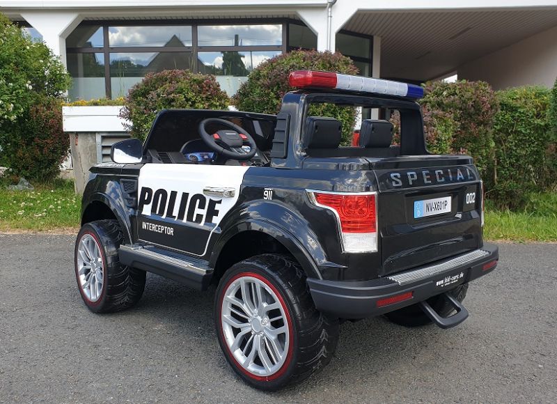 Elektrisches 12V Kinderfahrzeug Polizei 4x4 Allrad Kinder Elektro Auto 2-Sitzer Polizeiauto in schwarz